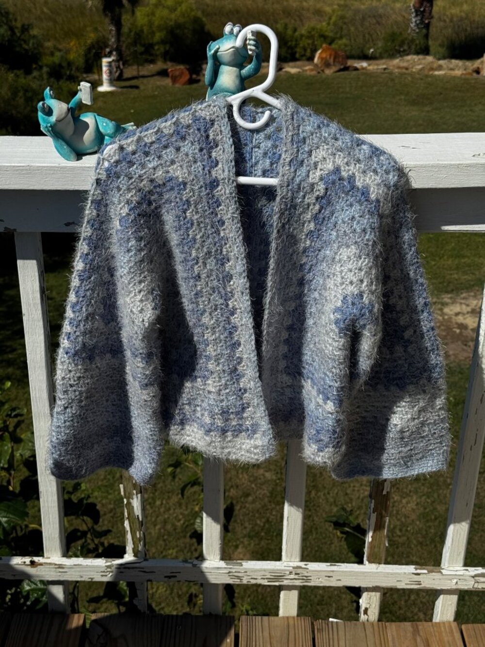 Handmade Blue & White Fuzzy Crochet Cardigan | Cozy Boho Open Front Sweater